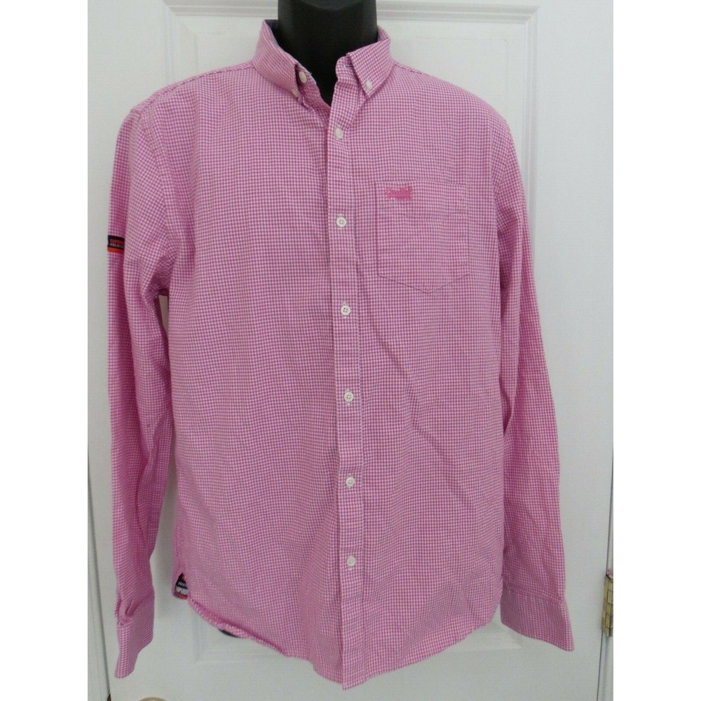 Superdry Premium Mens Oxford Shirt Pink Gingham Modern Classic Fit 100% Cotton L